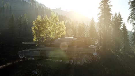 Alter-Rostiger-Tank-Im-Wald-Bei-Sonnenuntergang